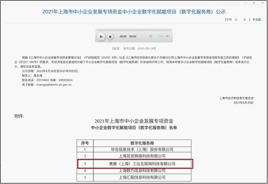 上海BSport体育官网工业互联网获得“上海市中小企业发展专项资金中小企业数字化赋能项目”