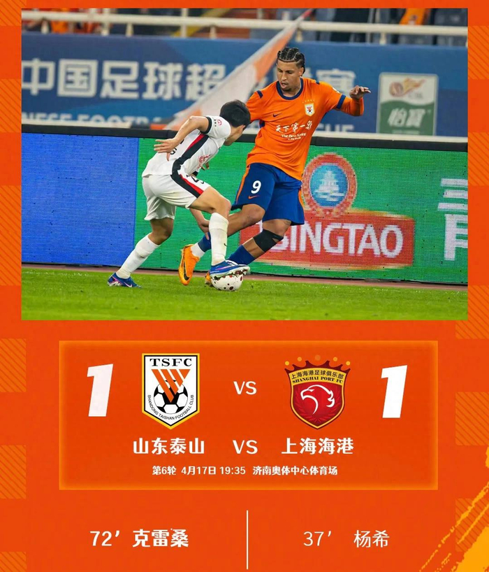 山东泰山主场1-1战平上海海港 连续两轮不胜
